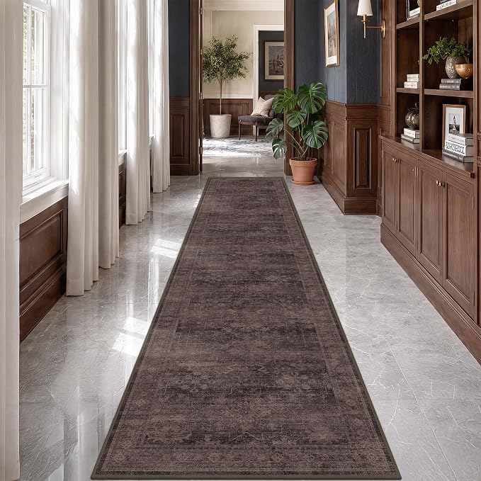 Machine Washable 2'6"x10' Runner Rug for Hallway, Kitchen & Entryway, Dark Taupe Brown Low Pile Long Runner Carpet, Eclectic Vintage Distressed Geometric Design, Anti-Slip Backing, Stain Resistant