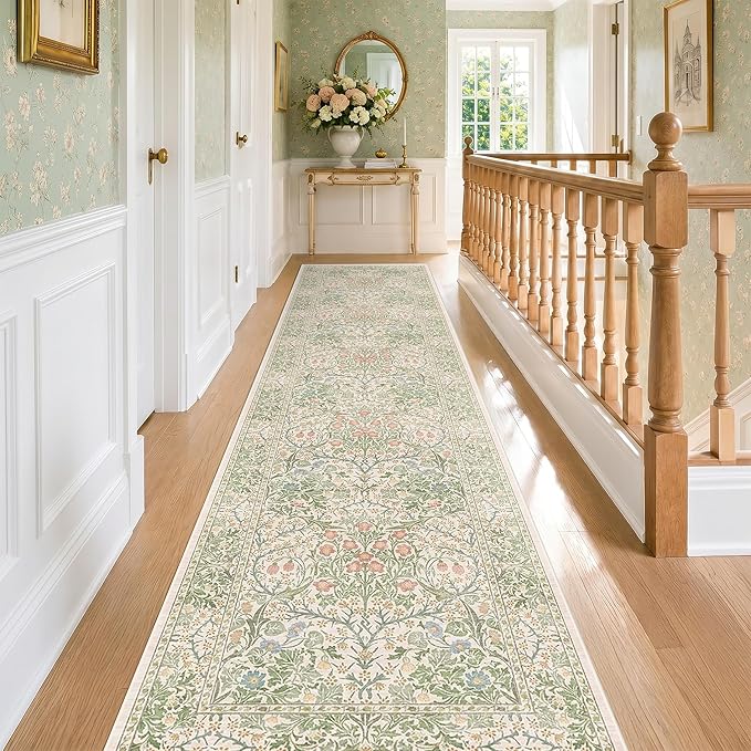 Beige Green 2'6" x 10' Runners for Wide Hallways Non Slip, Extra Long 10ft Floor Runner for Kitchen, Entryway Indoor, Washable Rubber Backing Stain Resistant - Vintage Floral Décor
