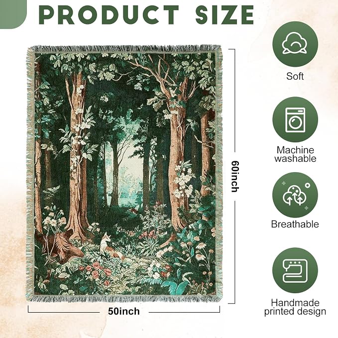 Moukeren 60 x 50 Inch Forest Woven Tapestry Blanket with Colorful Tassels Nature Tapestry, Woodland Cozy Throw for Couch Sofa Chair, Wall Hanging Home Decor Gift