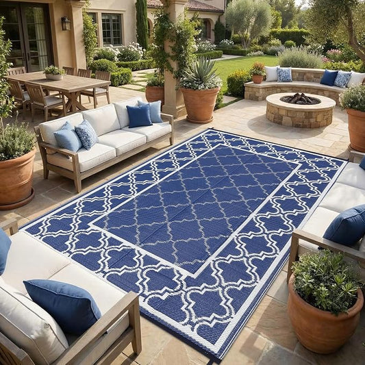Garvee Reversible Outdoor Rug 6x9, Waterproof Outdoor Plastic Straw Rug with Interlacing Pattern, RV Mat for Picnics, Patio, Camping, Balcony, Deck, Backyard, Porch, Blue