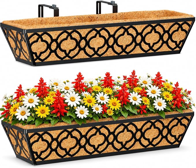 HFHOME 24 Inch Railing Planter Box with Coco Liner, 24" Window Boxes Horse Trough with Coconut Coir Liner, Black Metal Hanging Flower Planter Basket Railing Planter for Outdoor Indoor Lawn - 2 Pack