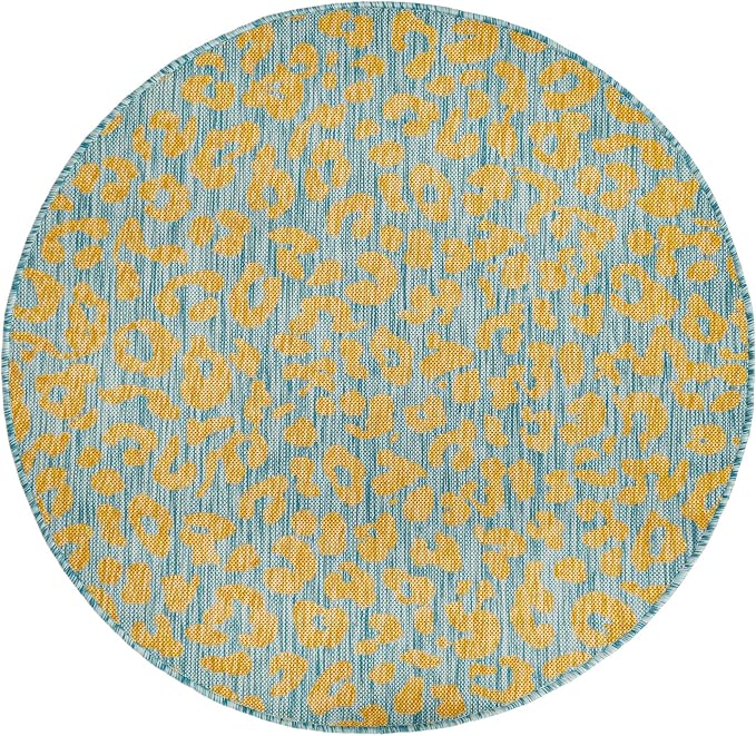 Unique Loom Outdoor Safari Collection Area Rug - Leopard (4' 1" Round, Blue Yellow/ Blue)