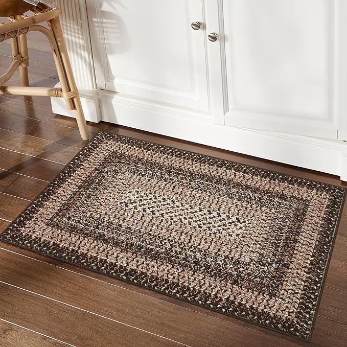 RUGSREAL Entryway Rug 2x3 Small Bedroom Washable Rus with Rubber Backing | Living Room Non Slip Bathroom Mat Stain Resistant Braided Print Carpet for Dining Room Kitchen Hallway, Brown