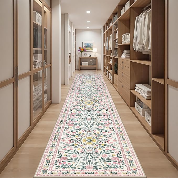 PLHXFR 2.6x14 Washable Runner Rug：Floral Indoor Kitchen Carpet Pink Green | For Hallway Bedroom Kitchen Laundry Bathroom Dorm,Vintage Floral,Machine washable,Non Slip,Stain Resistant,Indoor Floor
