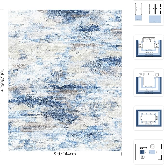 8x10 Area Rugs, Abstract Morden Soft Washable Rug, Non-Slip Low Pile Rugs for Living Room, Bedroom, Dining Room, Home, Office(Rust Blue/Brown)