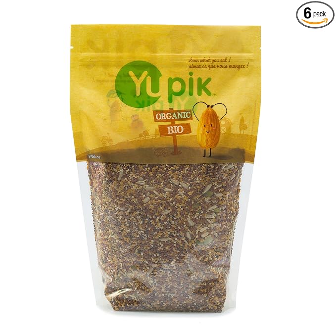 Yupik Organic Super 6 Seeds Mix, 2.2 lb (35.2 oz), Pack of 6, GMO-Free, Kosher, Vegan, Rich in Fiber, Nutritious Snack & Topping, Brown & Golden Flax, Sunflower, Sesame, Chia & Pumpkin Seeds