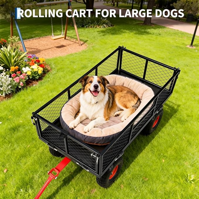 Garvee 900 LB Garden Cart, Heavy Duty Metal Utility Garden Wagon Cart. Red | 13 in All Terrain Tires, 4-in-1 Yard Wagon Cart with Removable Side Panels for Outdoor Lawn, Yard, Backyard