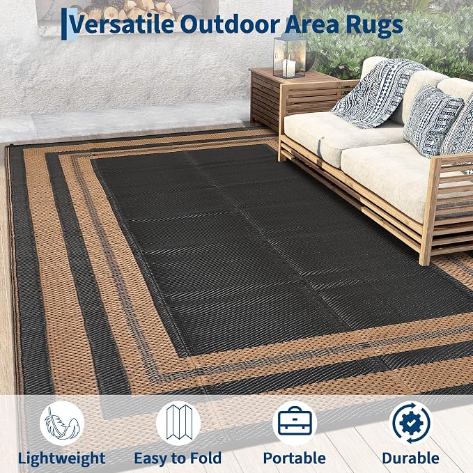 Garvee 8x10 Outdoor Rug Waterproof Plastic Straw Rug Outdoor Patio Rugs Reversible Mat Easy Clean Foldable Lightweight Large Area Rugs for Patio Porch Backyard Camping RV Beach Balcony Panel Brown