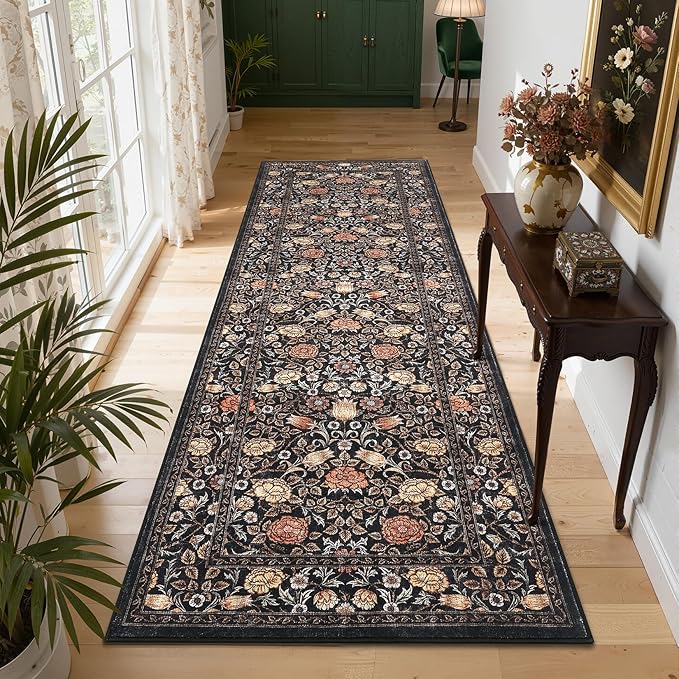 GarveeHome Dark Brown Floral 2x6 Kitchen Runner Rug for Hallways | Washable Entryway Bedroom Bathroom Dorm Rug Vintage Boho Rugs Low-Pile Non-Slip Stain Resistant TPE Backing