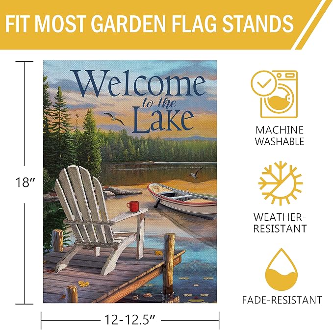 Furiaz Summer Spring Welcome to the Lake Adirondack Chairs Small Decorative Garden Flag, Lakehouse Lakeside Boat Ocean Yard Outside Burlap Decoration Outdoor Decor Double Sided 12x18