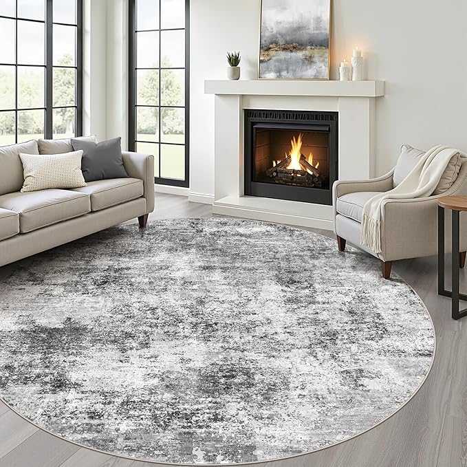 LOONGRUG Round Rug 8x8 Washable Neutral Modern Living Room Rug Black Gray | Circle Large Abstract Soft Stain Resistant Indoor Non-Slip Carpet for Bedroom Nursery Kids Office Playroom Dining Room