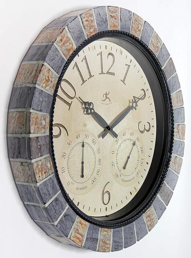 Infinity Instruments Inca II 18 inch Outdoor Clock Thermometer Combo Patio Waterproof Large Wall Weather Station Weatherproof Designer Faux Stone Mosaic Decorative Outdoor Wall Clock