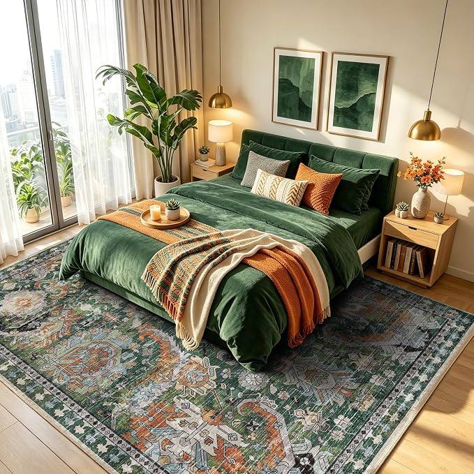 Washable Area Rugs - Perfect for Living Room, Bedroom, Kids Room, Nursery - Stain & Water Resistant Non-Slip, Pet & Child Friendly, Vintage Tribal Area Rugs (Green, 8' x 10')