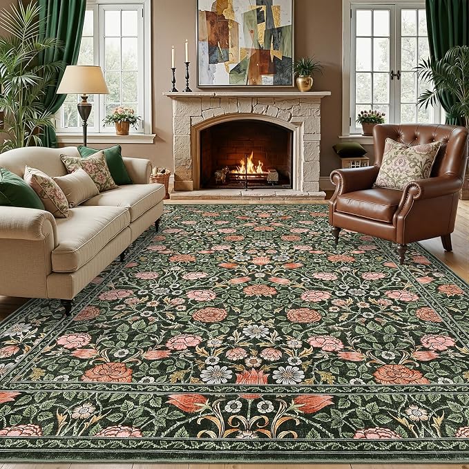 GarveeHome Dark Green Floral 8x10 Area Rugs for Living Room Bedroom | Large Washable Dinning Room Dorm Office Rug Vintage Boho Rugs Low-Pile Non-Slip Stain Resistant TPE Backing