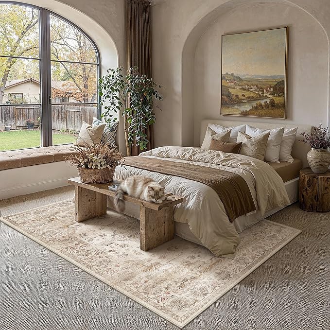 Beige Area Rug 6x9 Living Room Vintage Floral Non-Slip Carpet | Machine Washable, Soft, Low Pile, Distressed, Large for Bedroom, Dining Room, Office, Retro Neutral Decor