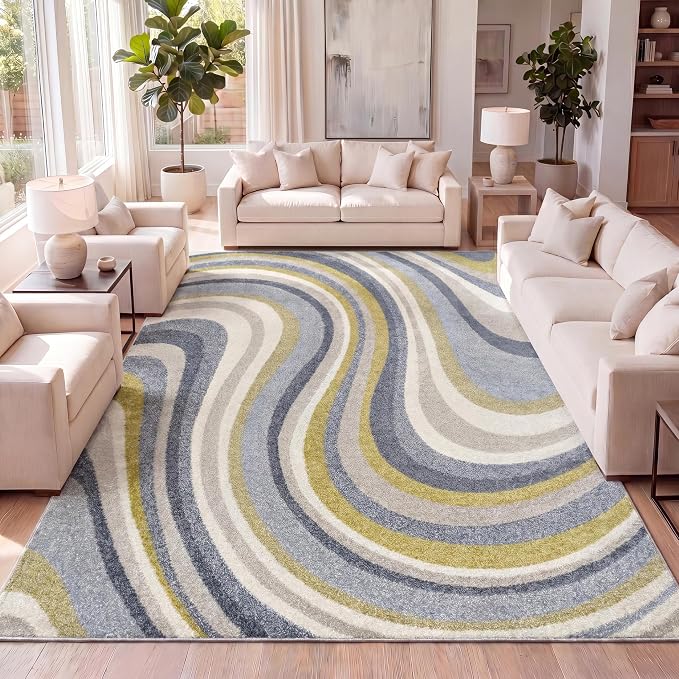 JONATHAN Y Flow Abstract Swirl Indoor Area Rug 3x5, Blue/Mustard/Gray, Modern, Coastal, Easy-Cleaning for Living Room, Bedroom, Kitchen, Pet Friendly, Non-Shedding (DZC100C-3)