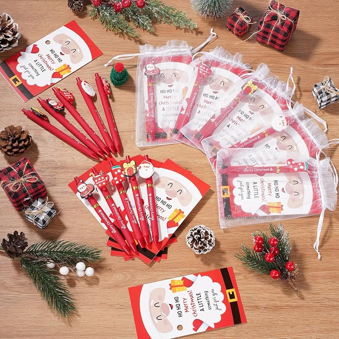 Marspark 30 Set Santa Gifts Bulk Christmas Ballpoint Pens and Greeting Cards Set with Bag Twist Ties for Employee Coworker Teacher Student School Office Home Party Favor