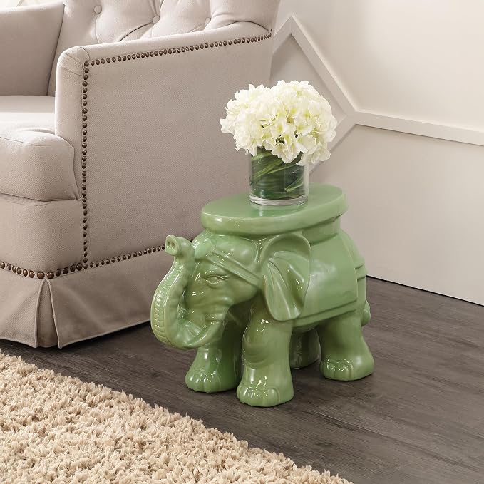 JONATHAN Y White Elephant 14.25" Glazed Ceramic Elephant Garden Stool, Weather-Resistant Indoor/Outdoor Patio Side Table and Plant Stand, Bohemian, Green TBL1007F