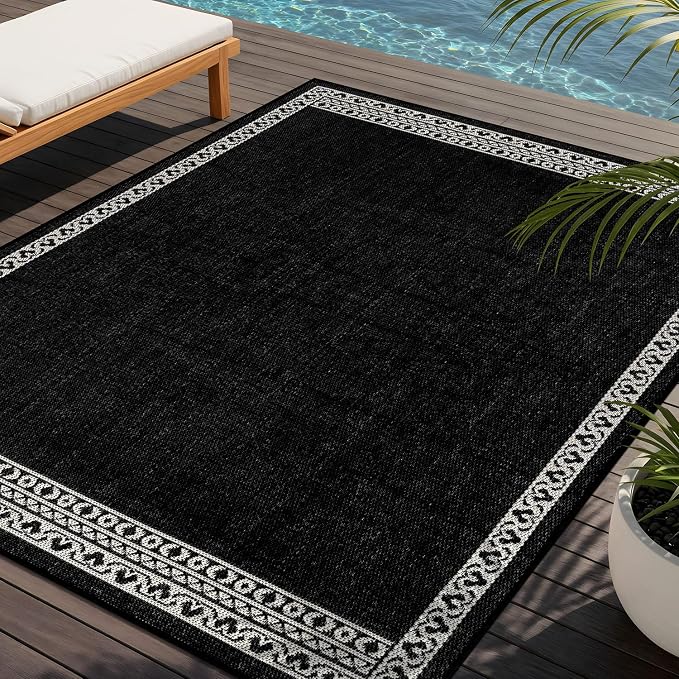 Washable Outdoor Rug 6x9 Modern Area Rugs Outdoor Carpets Bordered Pattern Non Shedding Waterproof Easy Clean Patio Deck Porch Living Room Bedroom Garden RV (6 X 9 Black)