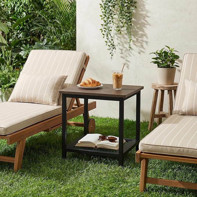 2-Tier Outdoor Side Table with Storage, Weather Resistant Patio End Table, HDPS Small Accent Table for Deck, Garden, Pool, Backyard, Brown
