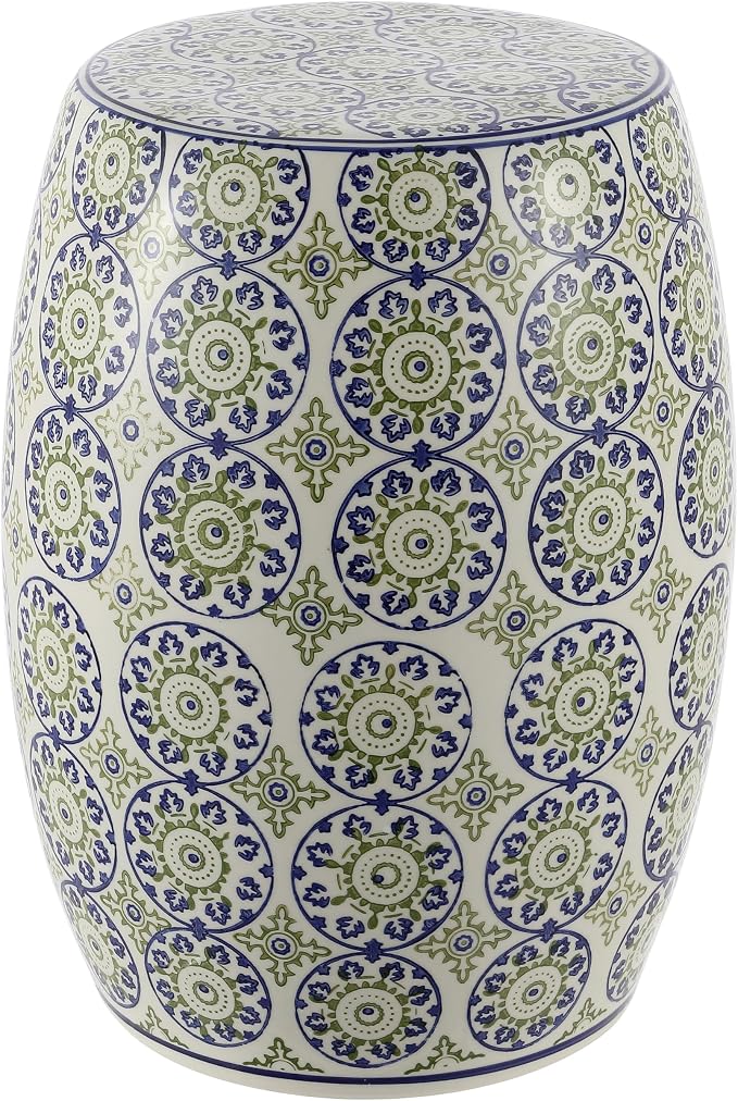 JONATHAN Y Lula 17.25" Chinoiserie Ceramic Drum Garden Stool, Traditional Floral Indoor/Outdoor Patio Side Table, Plant Stand, Blue/Green TBL1025A