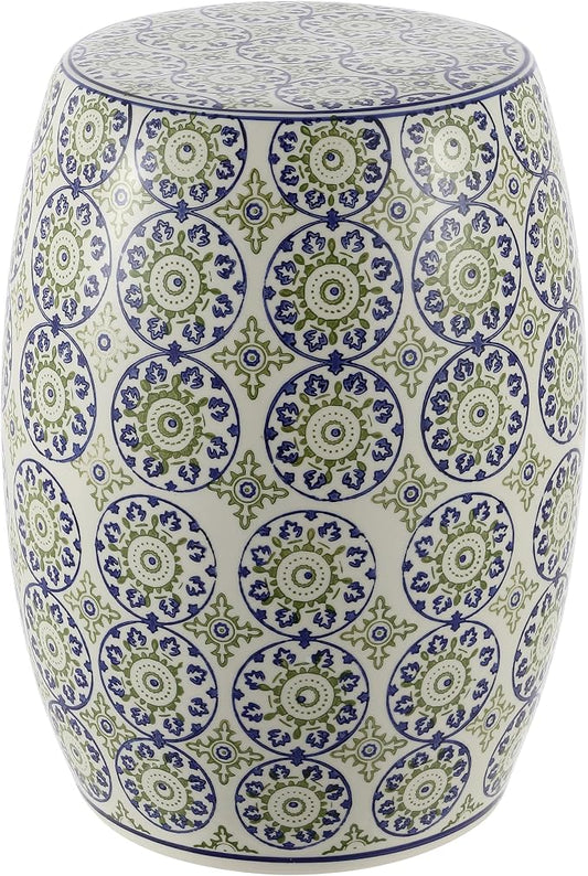 JONATHAN Y Lula 17.25" Chinoiserie Ceramic Drum Garden Stool, Traditional Floral Indoor/Outdoor Patio Side Table, Plant Stand, Blue/Green TBL1025A