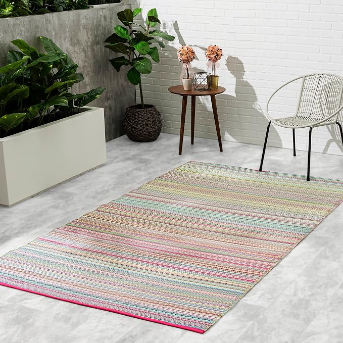 Fab Habitat Outdoor Rug - Waterproof, Fade Resistant, Crease-Free - Premium Recycled Plastic - Striped - Porch, Deck, Balcony, Mudroom, Laundry Room, Patio - Cancun - Candy - 3 x 5 ft