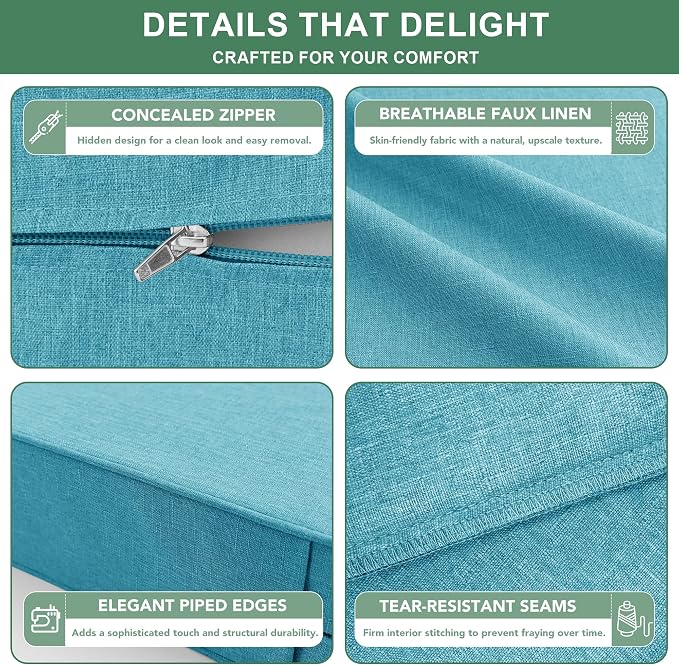 Summsun Faux Linen Outdoor Chair Cushions, Water Resistant Backrest and Seat Cushion Set with Removable Cover, Straps, Non-Slip Bottom for Patio Furniture, 19 x 19 Inch, Teal, Set of 4