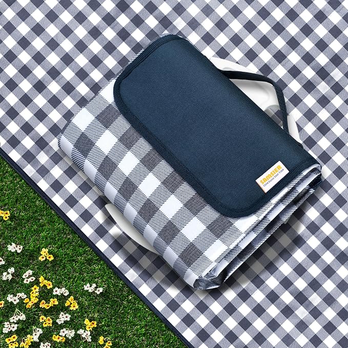 SAMSIER Outdoor Picnic Blankets Waterproof Foldable, Large Beach Blanket Sandproof, Gingham Picnic Mat Cute Washable Portable (Navy Blue, 80"×80")