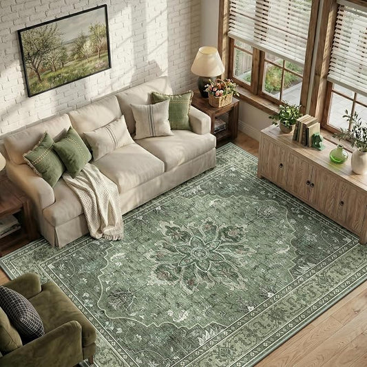 RELEANY Washable Area Rug, 7'x9', Green/Dark Green/Gray | Non-Slip, Water Repellent, Pet Friendly, Easy to Clean, Vintage Floral Boho Decor for Living Room Bedroom Dining Room Office
