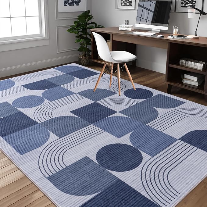 Soft Modern Geometric Abstract Large Machine Washable 6x9 Area Rug | Blue Rugs for Bedroom Living Room, Non-Shedding Faux Wool Indoor Throw Floor Carpet for Office Entryway Dining Room Decor