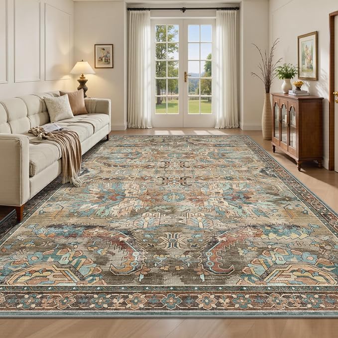 5x7 Area Rugs, Vintage Retro Soft Washable Rug, Non-Slip Low Pile Rugs for Living Room, Bedroom, Dining Room, Stain Resistant Home Decor Rug (Vintage Olive Green)