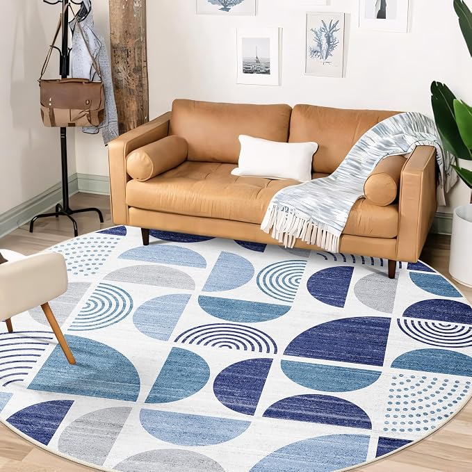 Round Rugs 6ft,Circle Area Rug Washable Non Slip Modern Abstract | Large Circular Rugs for Living Room Dining Room Boho Throw Carpet Soft Low Pile Floor Indoor Bohemian Navy Blue