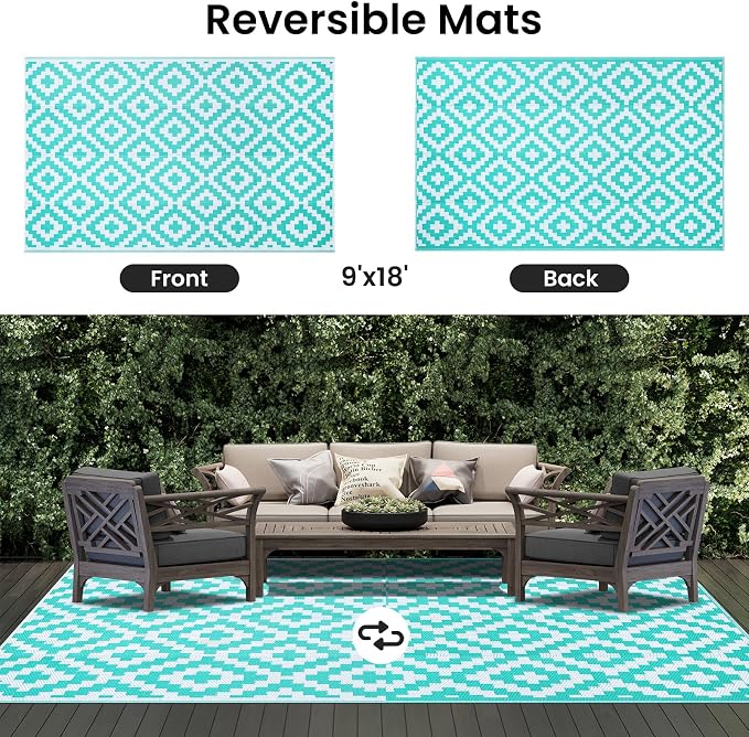 Smiry Waterproof Outdoor Rug 9X18 ft, Reversible Plastic Straw Patio Camping Rugs, Outdoor Indoor RV Mat Carpet for Patio, Outside Entry, Backyard, Deck, Bench, Picnic, Camper, White & Teal