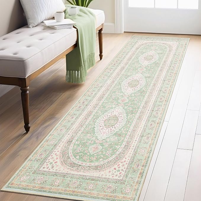 Washable Runner Rug 2x8,Long Boho Green Rug Runners for Hallways | Non Slip Rugs for Bedroom Entryway Living Room Bathroom,Vintage Bohemian Distressed Oriental Floor Carpet,Sage Blush Floral