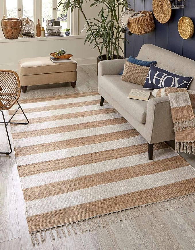 Unique Loom Chindi Rag Collection Area Rug - Striped (7' 1" x 10' Rectangle, Beige/ Ivory)