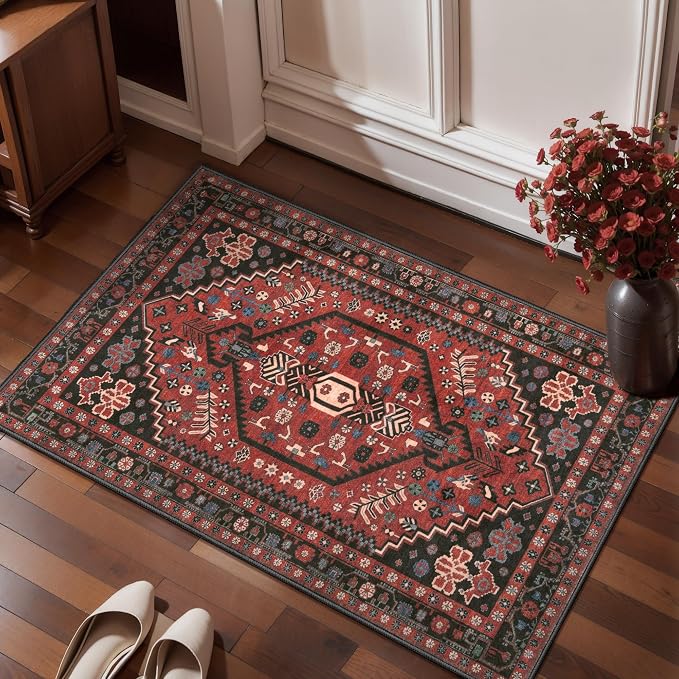 Ciicool 2x3ft Small Area Rug,Washable Boho Thin Mat for Entryway Kitchen | Oriental Non-Slip Low-Pile Indoor Carpet Soft Entry Red/black Rugs for Entrance Bedroom Kitchen Bathroom