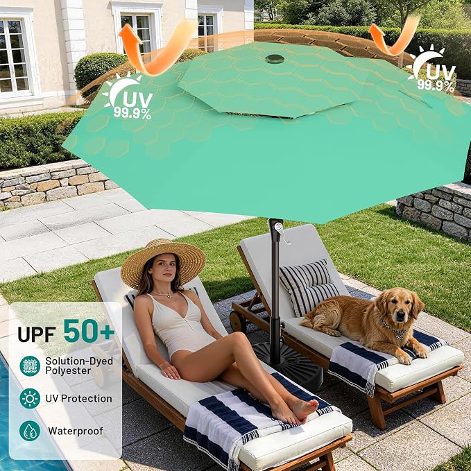 AreShark 9ft 2 Tiers Patio Umbrella - Outdoor Umbrella Waterproof UV Protection, Market Table Umbrella w/Push Button Tilt&Crank for Pool, Porch, Garden(Turquoise)