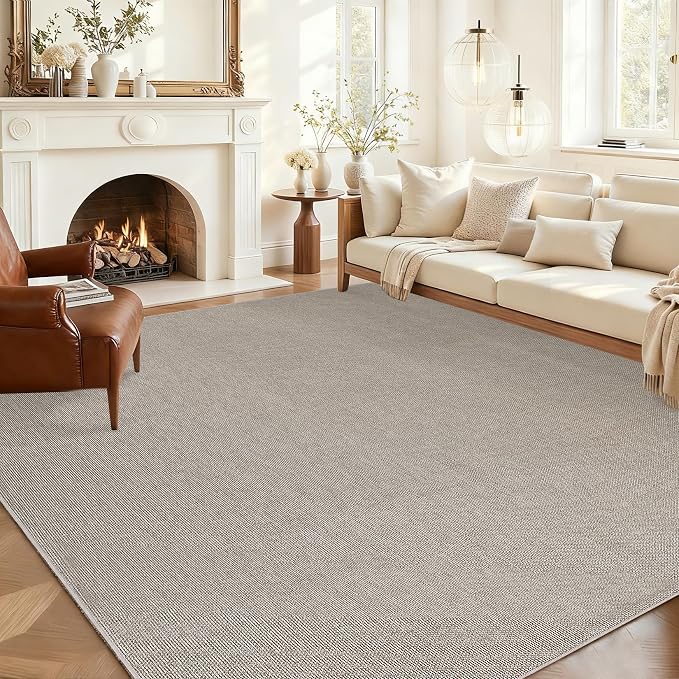 Garvee Large Area Rug 10x13 Modern Solid Washable Rug Non Slip Taupe | Woven Textured, Ultra-Thin Neutral Minimalist Non-Shedding Floor Cover Indoor Foldable Mat for Living Room Bedroom Office