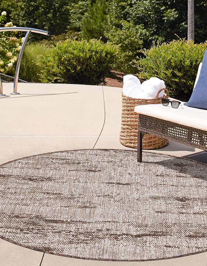 Unique Loom Outdoor Modern Collection Area Rug - Cartago (3' Round, Brown/ Ivory)