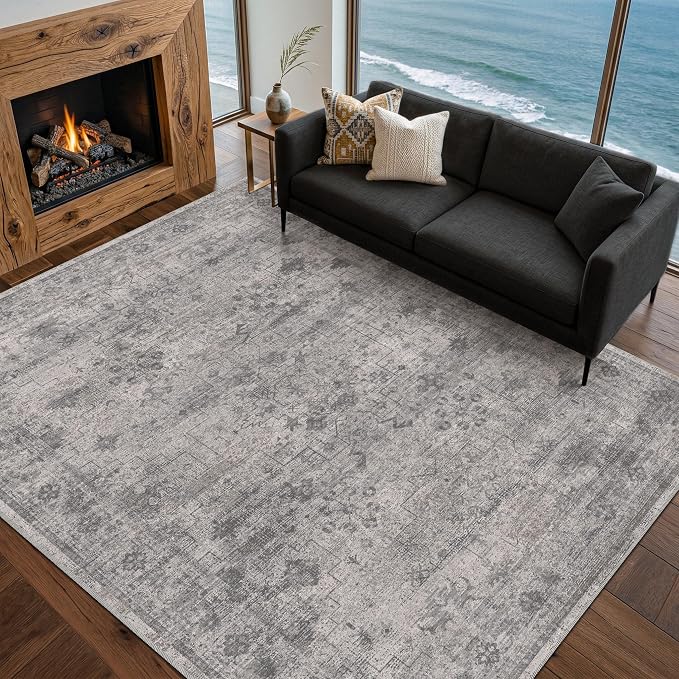Washable 5x7 Modern Dusty Grey Area Rug for Dining Room Under Table, Bedroom, Minimalist Neutral Scandinavian Distressed Geometric Large Rugs for Living Room, Stain Resistant Low Pile Anti-Slip