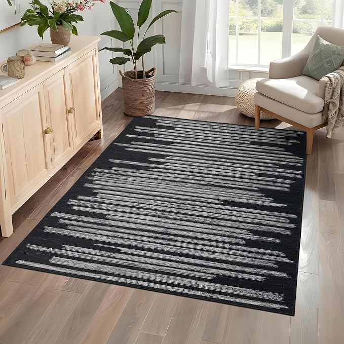 GarveeHome 5x7 Non Slip Striped Area Rug for Living Room Bedroom Office | Modern Minimalist Washable Low Pile Indoor Carpet Stain Resistant Kitchen Rugs for Guest Room Classroom Dorm, Black