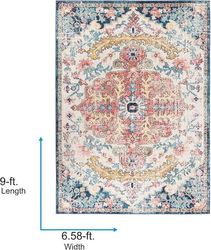 Livabliss Area Rugs - 7x9 Odelia Vintage Boho Aqua Burgandy Blue Area Rug for Living Room Bedroom - Floral Medallion Stain Resistant Carpet for Kitchen, Nursery, Office (6'7" x 9')