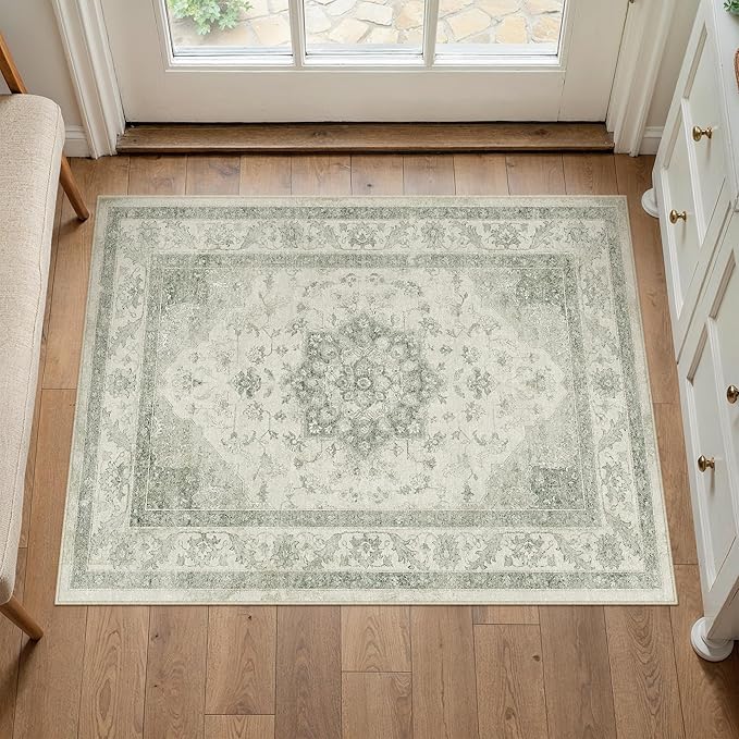 Green 2x3 Washable Area Rug Entryway Vintage Oriental Doormat | Soft Low Pile, Non Slip, Stain Resistant, Floral Medallion, Neutral Retro Decor for Kitchen, Bathroom, Bedroom, Office