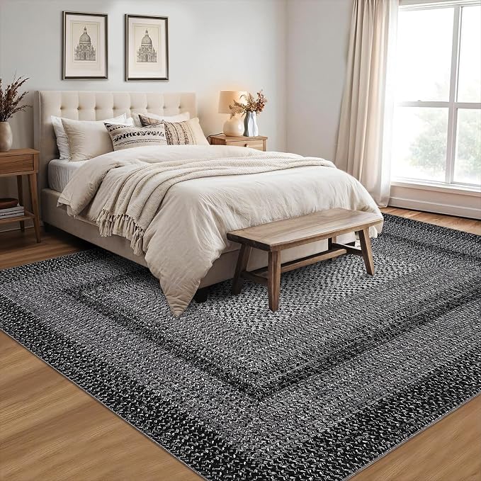 RUGSREAL 9x12 Living Room Rug Large Bedroom Washable Rug Non Slip | Indoor Throw Floor Cover Farmhouse Rustic Area Rug Modern Geometric Border Carpet for Bedroom Home Decor, Black