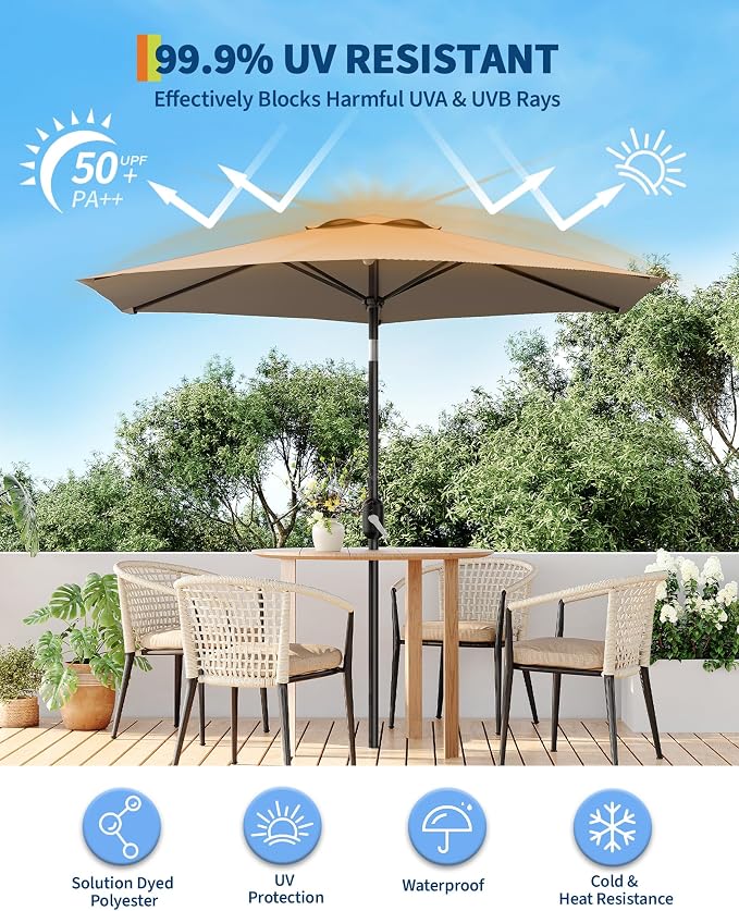 GarveeLife 7.5 ft Outdoor Patio Umbrella, Outdoor Table Umbrella, Market Umbrella with Push Button Tilt and Crank, 6 Sturdy Ribs UV Protection Waterproof for Garden, Deck, Backyard, Pool (Tan)