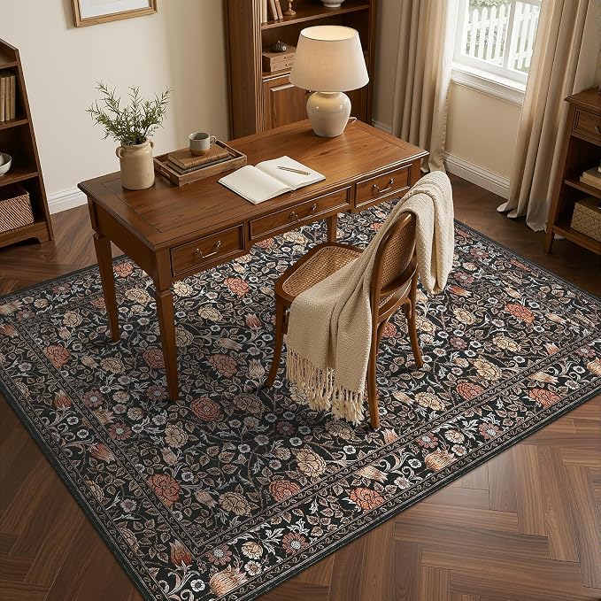 GarveeHome Dark Brown Floral 3x5 Area Rug for Nursery Bedroom | Washable Dorm Rug Entryway Doormat Vintage Boho Rugs Low-Pile Non-Slip Stain Resistant TPE Backing