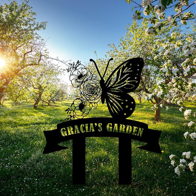 Personalized Butterfly Metal Garden Sign with Stake, Custom Garden Decor for Outdoor, Custom Large Family Name Sign, Patio Decorations, Lawn Art, Farmhouse Decorative, Housewarming Gift