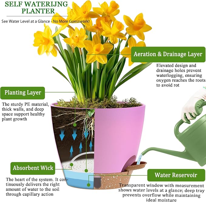 Self Watering Pots for Inoor Ourdoor Plants 10/9/8/7/6.5 Inch Plastic Planters with Drainage Holes & Water Level Indicator, Decorative House Flower Nursery Planting Pots with Saucers (Dusty Rose/Pink)