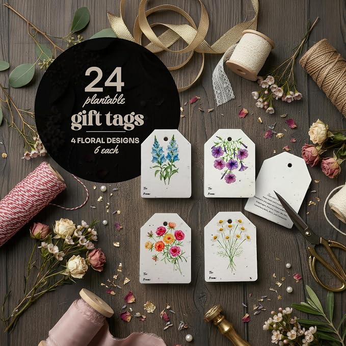 24Pcs Plantable Seed Paper Tags with Wildflower Seeds 4 Floral Designs 12 Each Thank You Tags for Birthdays, Weddings, Baby Shower, Bridal Shower, Teacher, Wrapping Tags, Party Favors